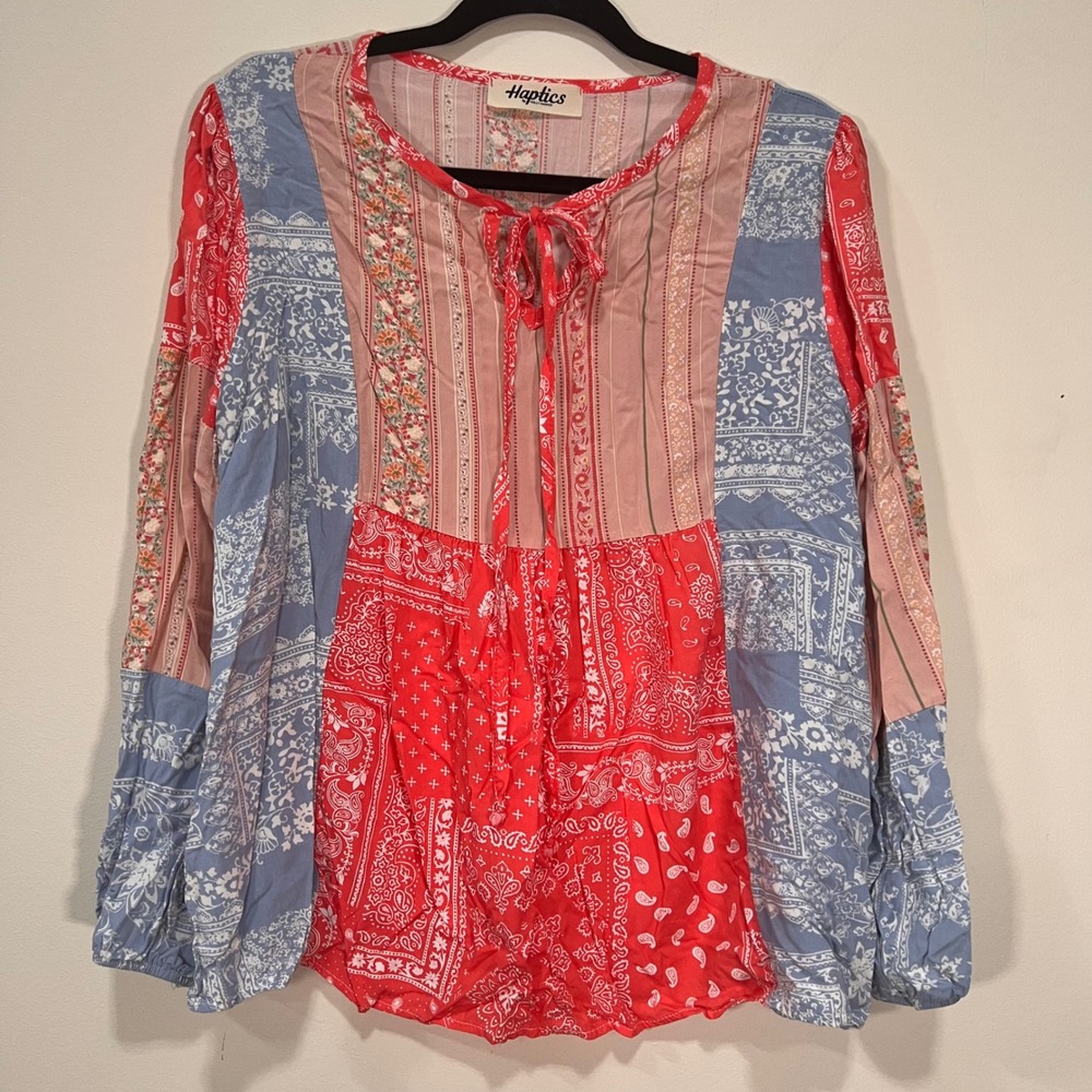 Haptics Holly Harper Red Bandana Patchwork Boho Peasant Blouse Medium